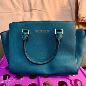 Michael Kors Blue Teal Saffiano Satchel with Gold Hardware